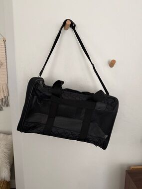 Black Quilted Pet Carrier Tote with Mesh Panels and Adjustable Shoulder Strap